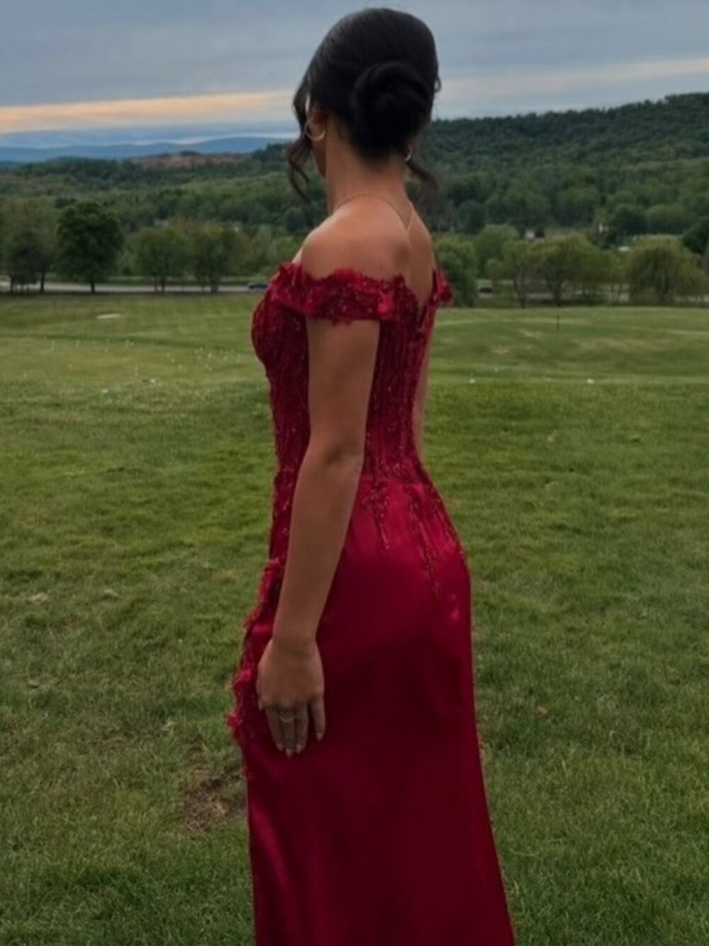 Red Satin Slit Prom dress